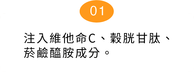 注入維他命C、穀胱甘肽、菸鹼醯胺成分。